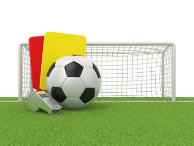 Futbol kavramı. (Kırmızı ve sarı) ceza kartı, metal düdük ve futbol (futbol) topu ve kapı