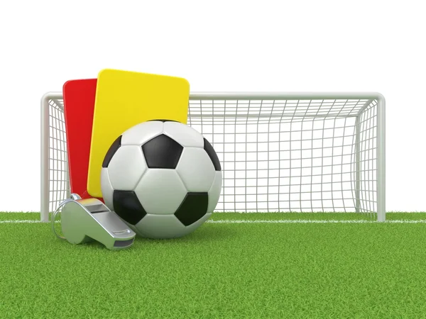 Concepto de fútbol. Pena (rojo y amarillo) tarjeta, silbato de metal y fútbol (fútbol) pelota y puerta — Foto de Stock