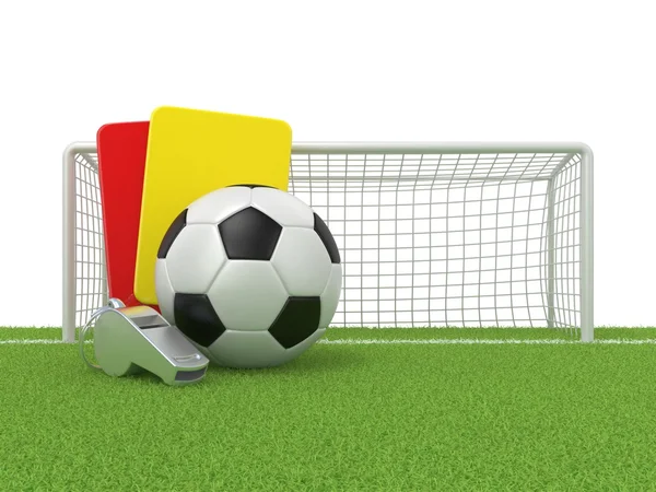 Futbol kavramı. (Kırmızı ve sarı) ceza kartı, metal düdük ve futbol (futbol) topu ve kapı