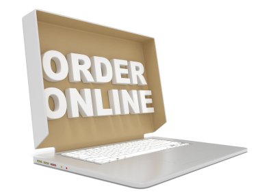 Karton kutu kapak sipariş Online ile dizüstü bilgisayarda oturum açın. Yan görünümü. 3D render