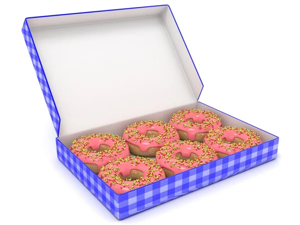 Enam donat coklat dalam kotak biru. Sisi tampilan. render 3D — Stok Foto