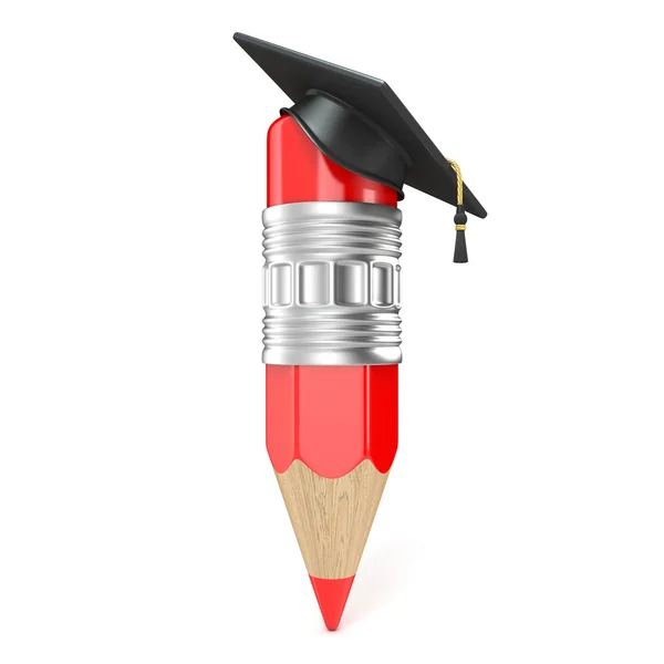 Crayon rouge avec une casquette de graduation. Concept d'éducation. rendu 3D — Photo