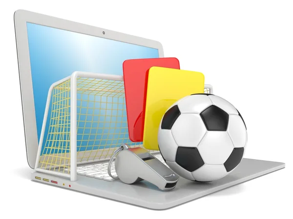 Conceptul de fotbal. Penalizare (roșu și galben) card, fluier metalic, fotbal (fotbal) minge și poartă pe laptop, randare 3D izolată — Fotografie, imagine de stoc
