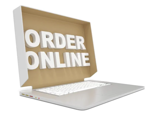 Cardboard box cover with ORDER ONLINE sign on laptop. Side view. 3D render — Stock Photo, Image