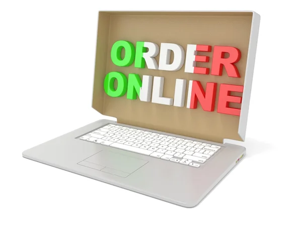 Order online - Italian food. Cardboard box cover on laptop. 3D render — Stock Photo, Image