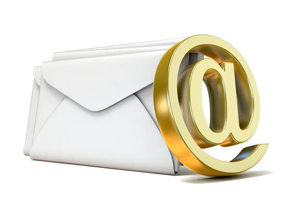 Envelopes with golden e-mail sign. 3D render — Stock Photo, Image