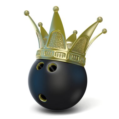 Altın taç siyah bowling topu üzerinde. 3D render