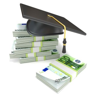 Eğitim kavramı. Mezuniyet cap euro faturaları yığını üzerinde. 3D render