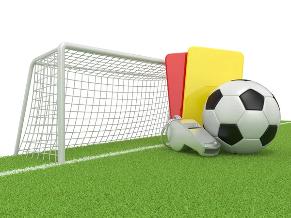 Conceito de futebol. Cartão de penalidade (vermelho e amarelo), apito de metal e bola e portão de futebol (futebol) — Fotografia de Stock