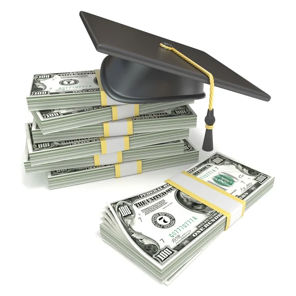 Concept d'éducation. Plafond de graduation sur la pile de billets en dollars. rendu 3D — Photo