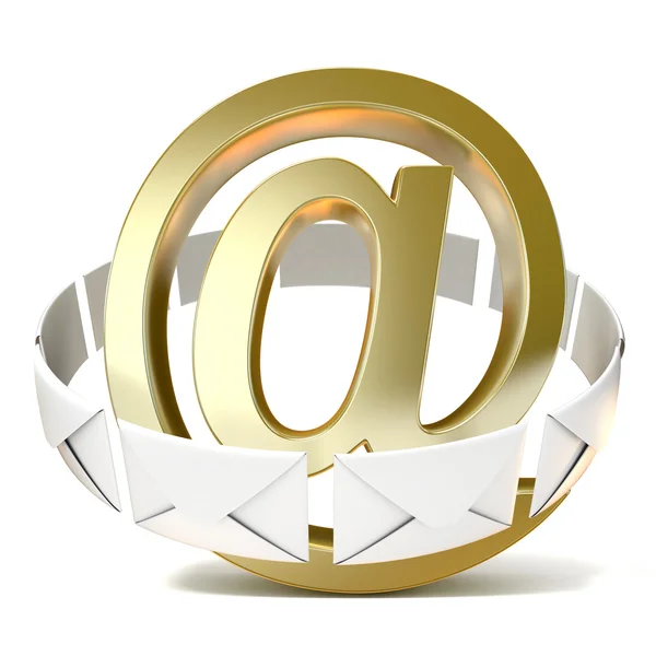 Envelopes around golden e-mail sign. 3D render — Stock Photo, Image