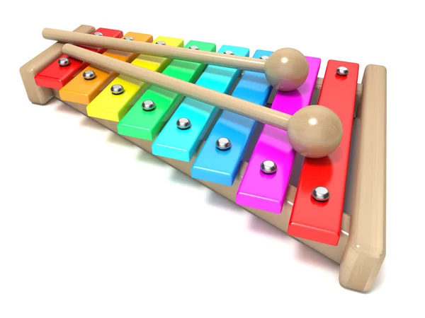 Ξυλόφωνο με χρωματισμένους κλειδιά ουράνιο τόξο και με δύο μπαστούνια ξύλινα τύμπανο — Φωτογραφία Αρχείου