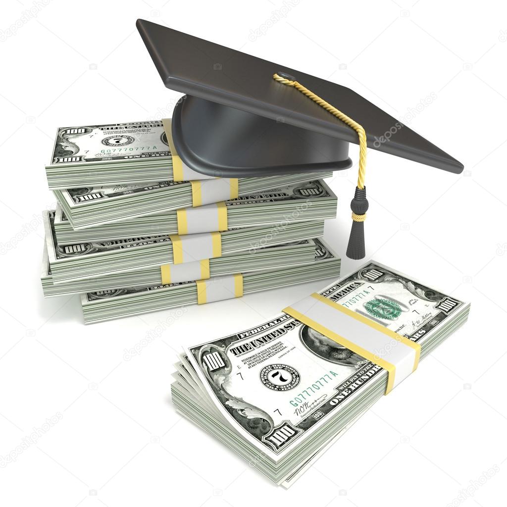 Education concept. Graduation cap on stack of dollar bills. 3D rendering
