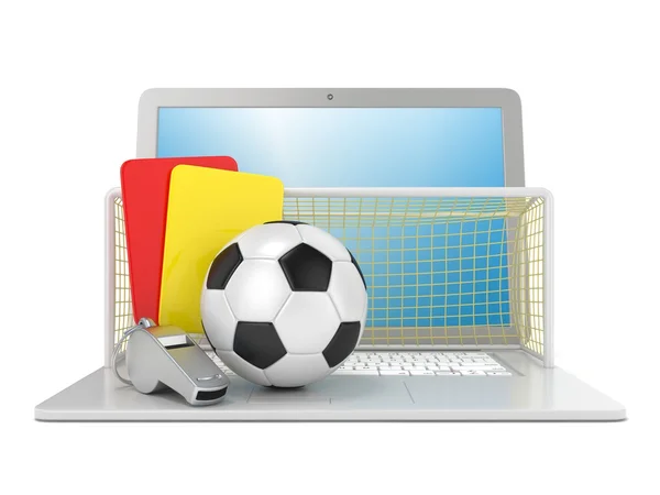 Football concept. Penalty (red and yellow) card, metal whistle, soccer (football) ball and gate on laptop, isolated 3D