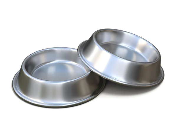 Two chrome pet bowls for food. 3D rendering — Stock Photo, Image