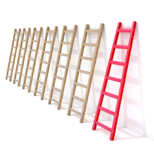 Siete escaleras de madera apoyadas en una pared, una es roja. Renderizado 3D — Foto de Stock