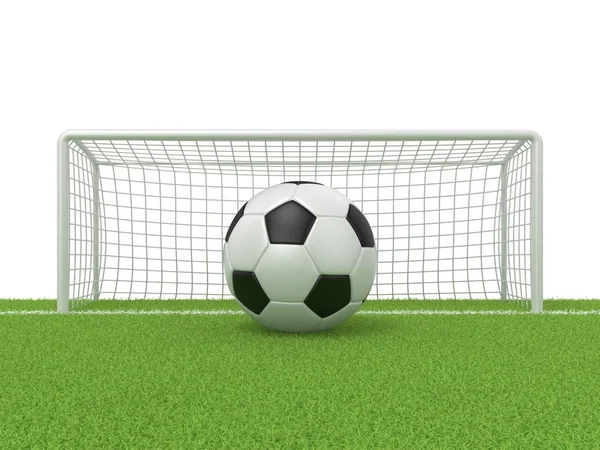 Football - soccer ball in front of goal gate on grass. 3D render — Stock Photo, Image