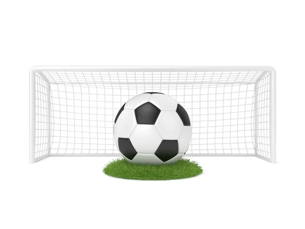 Football - soccer ball in front of goal gate on grass circle. 3D render — Stock Photo, Image