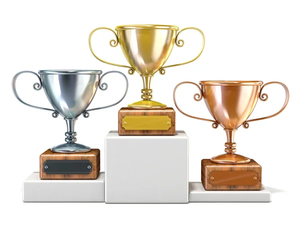 Arany, ezüst és bronz győztes trófeát csésze. 3D render — Stock Fotó