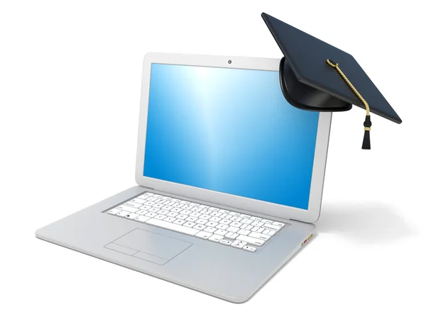 Avläggande av examen cap på laptop. E-learning koncept. 3D gör — Stockfoto