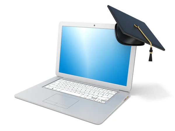 Graduation cap on laptop. E-learning concept. 3D render — Stock Photo, Image