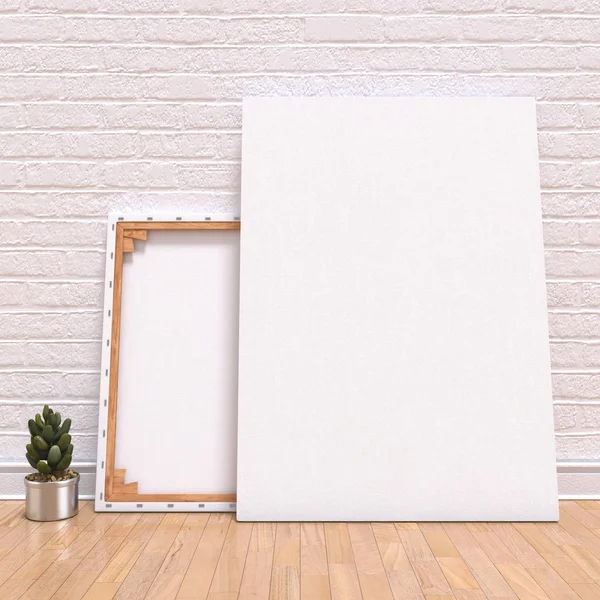 Mock up canvas frame with plant, floor and wall. 3D render — Stock Photo, Image