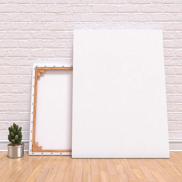 Mock up Leinwand-Rahmen mit Pflanze, Boden und Wand. 3D-Darstellung — Stockfoto