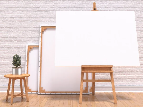 Mock up canvas frame with plant, easel, floor and wall. 3D render — Stock Photo, Image