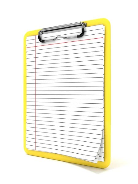 Clipboard amarelo e papel forrado em branco. Renderização 3D — Fotografia de Stock