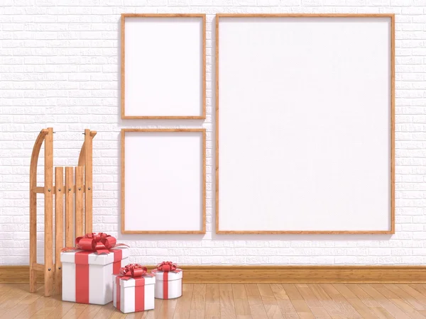 Simular cartel con trineo de madera y regalos de Navidad. Renderizado 3D — Foto de Stock