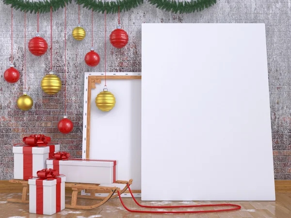 Mock up poster met houten slee, Kerstmis bal en presenteert. 3D render — Stockfoto