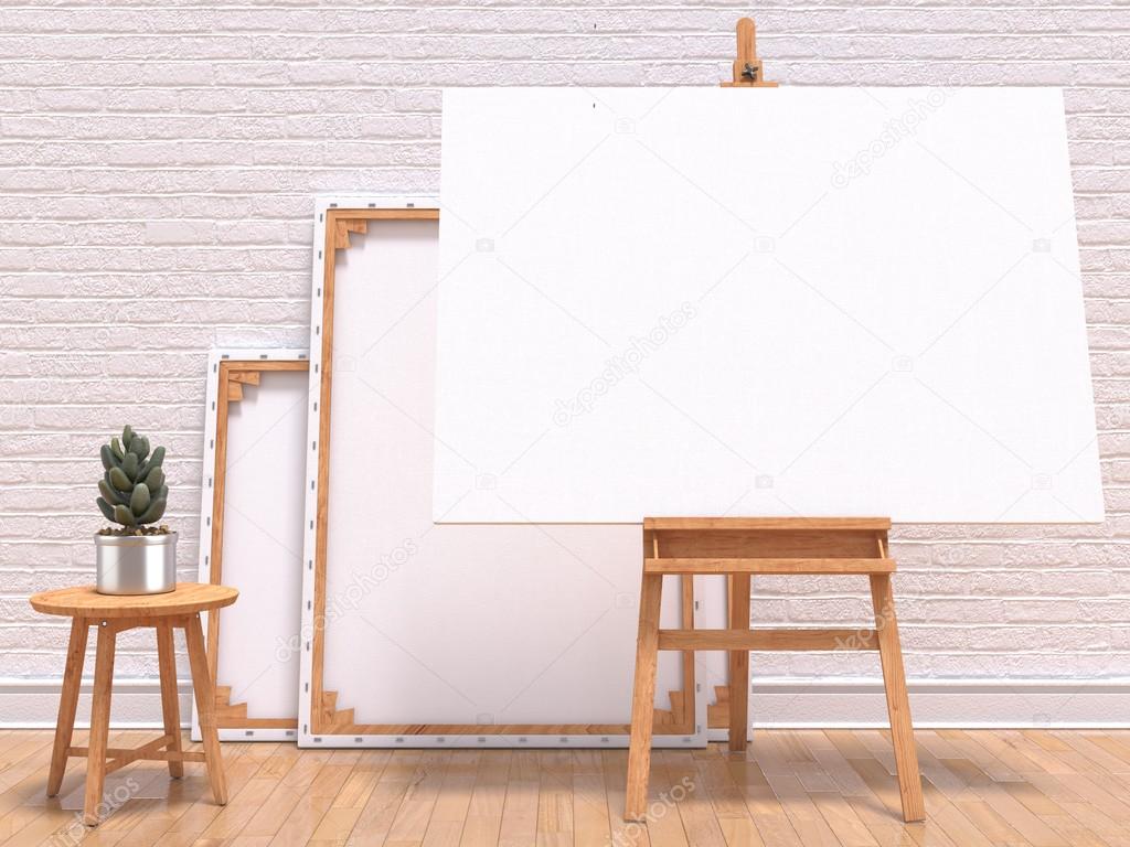 Download Mock Up Canvas Frame With Plant Easel Floor And Wall 3d Render Stock Photo C Djmilic 92077634 PSD Mockup Templates