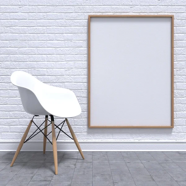 Lege witte photo frame met stoel. Mock-up render — Stockfoto