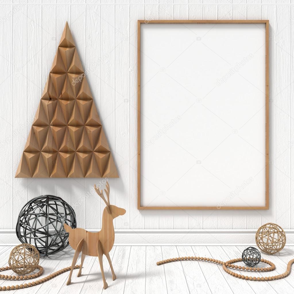 Mock up blank picture frame, Christmas decoration. 3D render