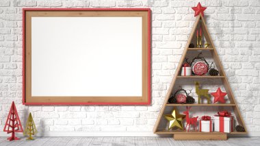 Boş resim çerçevesi, Noel dekorasyonu ve hediyeler kadar alay et. 3D render