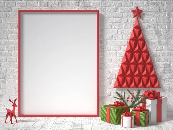 Boş resim çerçevesi, Noel dekorasyonu ve hediyeler kadar alay et. 3D render