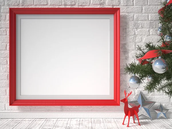 Simular cartel con renos rojos, árbol de Navidad y estrellas. Renderizado 3D — Foto de Stock