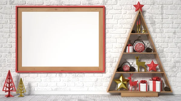 Bespotten leeg afbeeldingsframe, Kerstdecoratie en geschenken. 3D render — Stockfoto