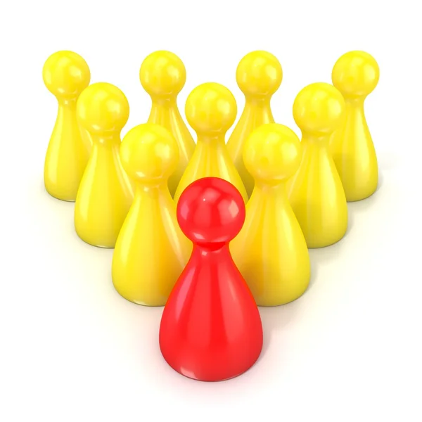 Ledarskap-konceptet. En röd brädspel bit inför grupp av gult. 3D — Stockfoto