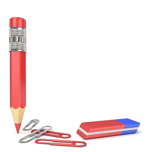 Pencil, eraser and paper clip. 3D render — Stock Photo, Image