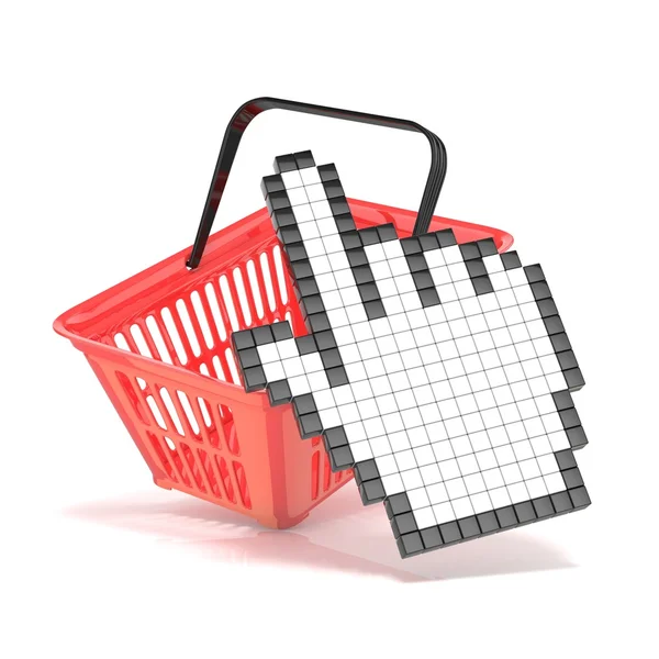 Varukorg och pekande handmarkören. Internet handel koncept. 3D — Stockfoto