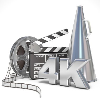 Video, Film, sinema üretim kavramı. Makaraları, Klaket, megafon ve 4k. 3D