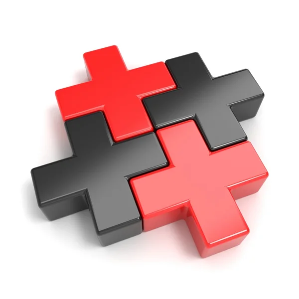 Siyah ve kırmızı soyut artı jigsaw puzzle parçaları. 3D — Stok fotoğraf