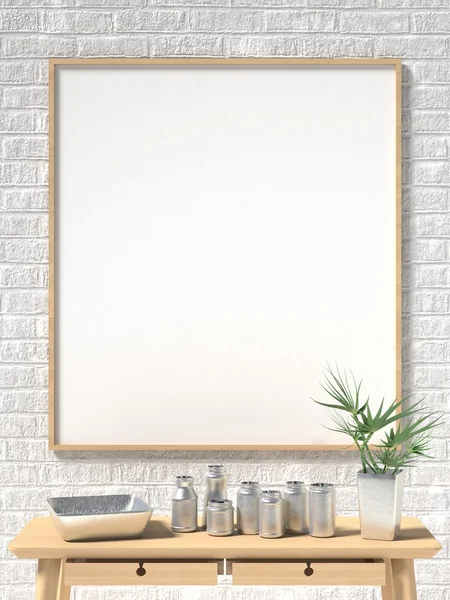 Poster, beyaz tuğla duvar ve metal bardak kadar alay et. 3D