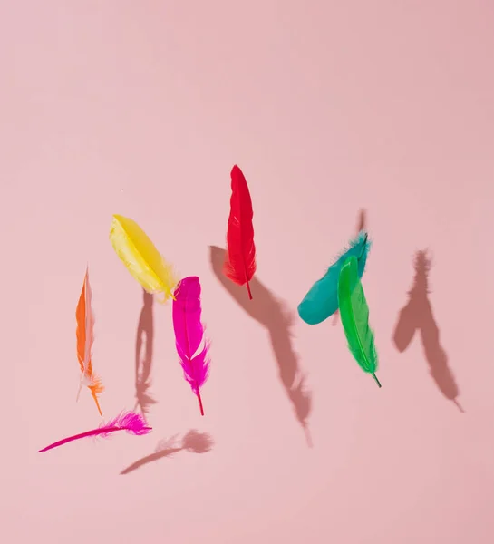 Kırmızı, sarı, pezevenk, turuncu, yeşil ve mavi tüyler pembe pastel arka planda havada uçuşuyor. Soyut yaz sanatı. yaz yaratıcı fikri