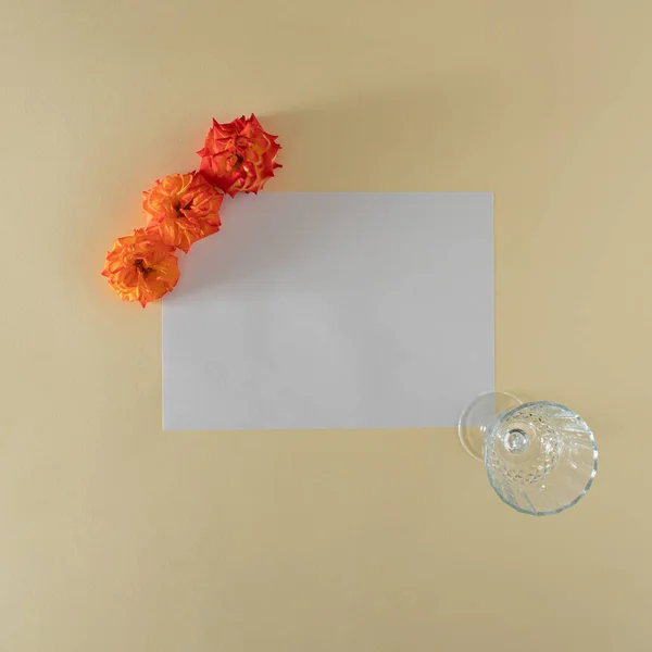 Şarap kadehli taze tropik turuncu güller ve krema arka planında fotokopi alanı olan beyaz kağıt. Yaz, modern yaratıcılık geçmişi. en düşük düzlük.