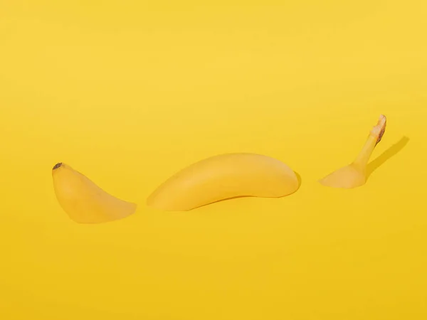 Свіжий Жовтий Банан Плаває Жовтому Папері Тропічне Абстрактне Мистецтво Мінімалізм — стокове фото