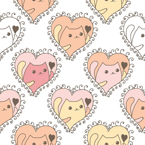 Doodles Cute Seamless Pattern Elegant Vector Background Illustration Hearts Cats — Stock Vector