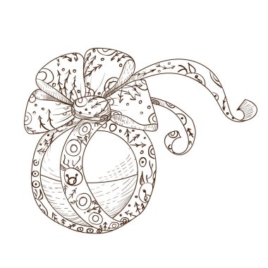 El çizimi Noel topu. Yeni yıl tebrik kartları, boyama kitapları, sanat terapisi, anti-stres, tişörtler için vektör şablonu. Beyaz arkaplanda izole.