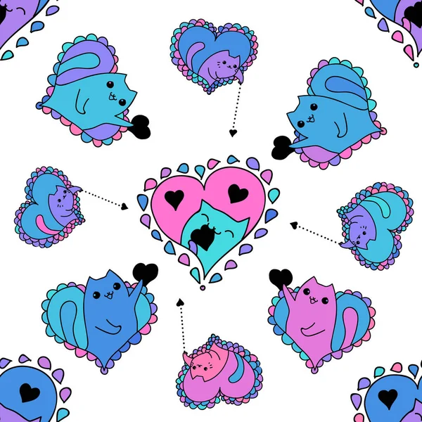 Romantic Seamless Pattern Vector Background Illustration Hearts Cats Design Shirt — Stock Vector